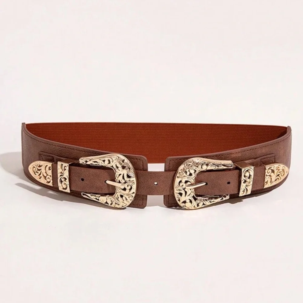 Brown Western Gold Double Buckle Stretchy Belt